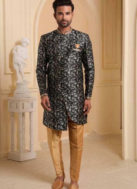 Black Colour Heavy Jacquard Silk Digital Print Wedding Wear Indo Western Mens Collection 9246